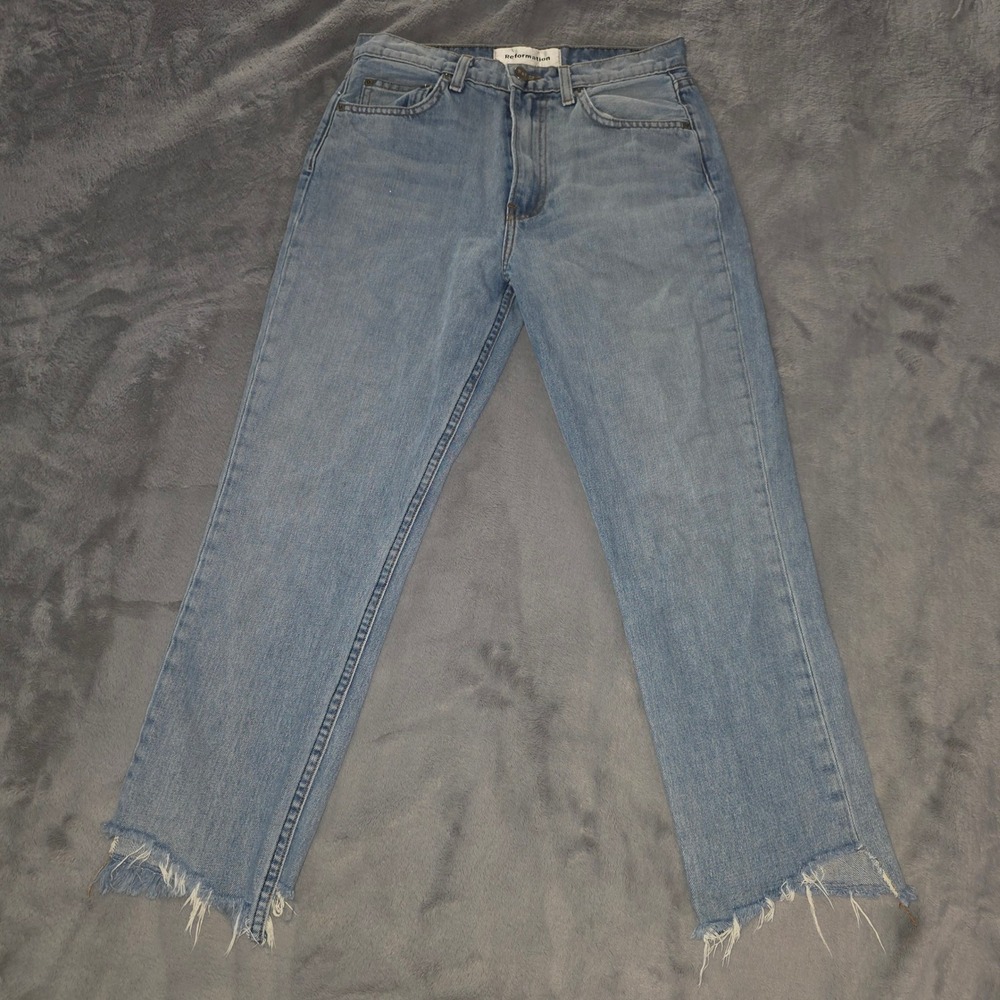 Reformation High Rise Straight Leg Raw Hem Jeans Light Wash‎ Size 26 USA Made